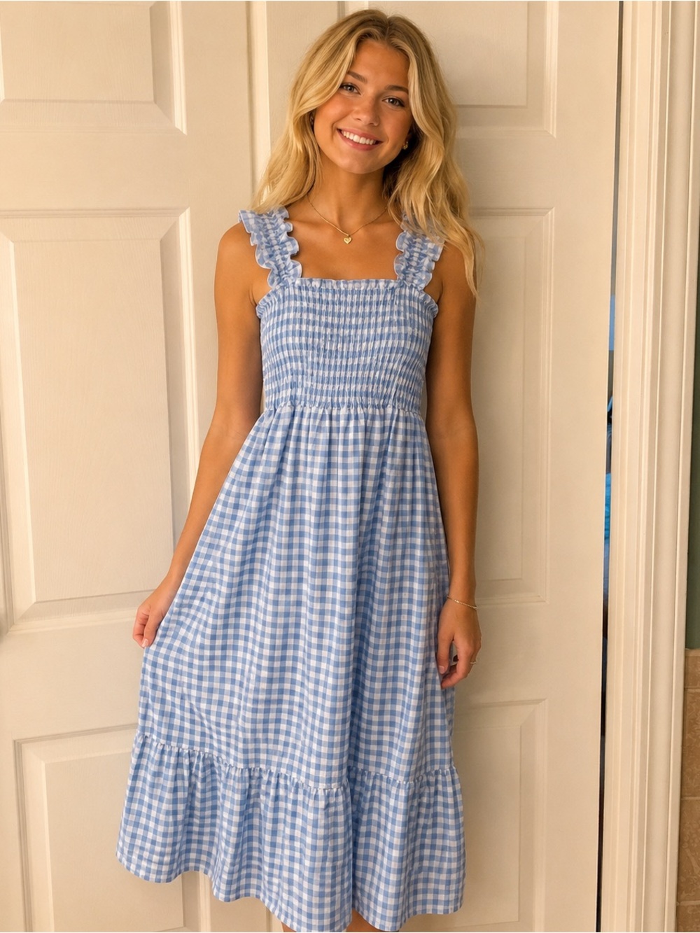 Blue Gingham Smocked Maxi Dress for Kids